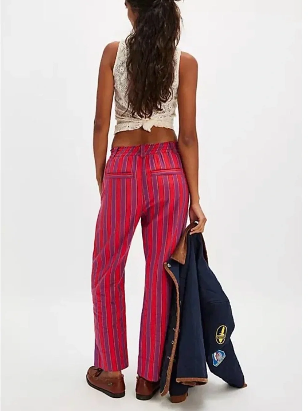 Free People Marielle Pull-On Pants Straight-Leg Red & Purple Stripe Size Medium